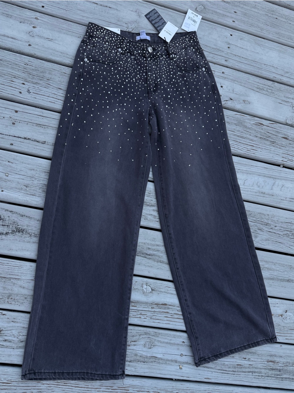 Forever 21 Black Rhinestone-Embellished Wide Leg Jeans Sz 25 - Picture 4 of 7